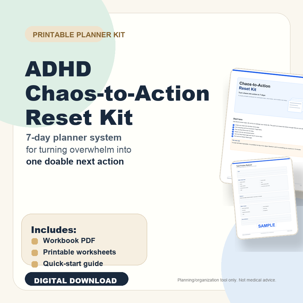 Chaos-to-Action Reset Kit printable workbook cover and worksheet previews